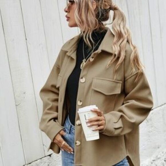 New Khaki Boyfriend fit oversized shacket jacket - Picture 1 of 10